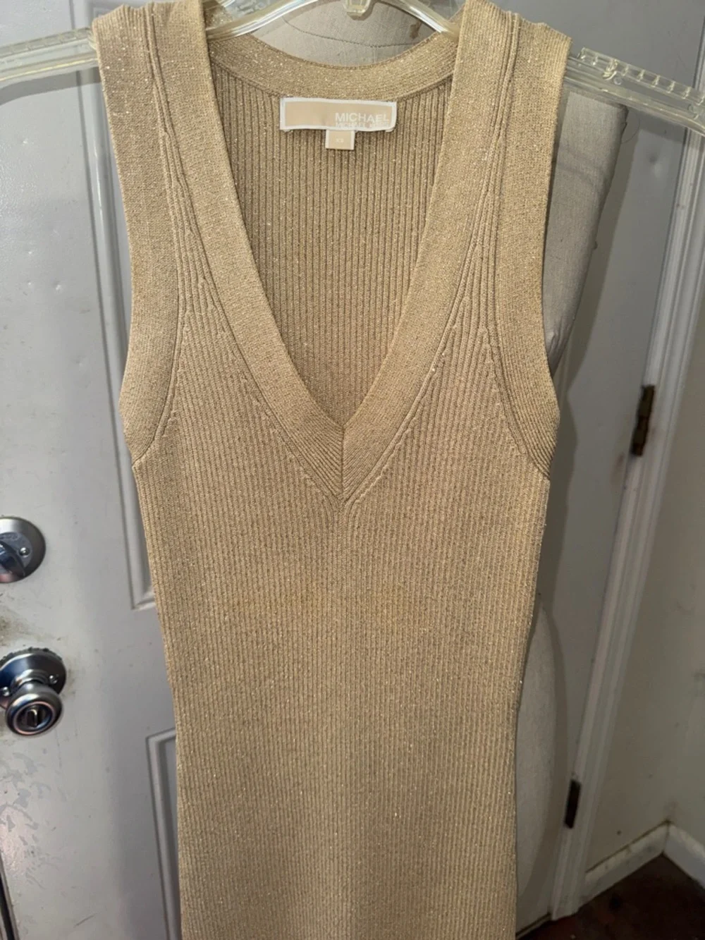 Michael Kors Ribbed V-Neck Sleeveless Midi Dress in Beige - Picture 3 of 7
